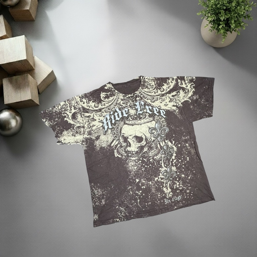Vintage Six Flags Ride Free Skull Graphic T-Shirt Brown Y2K Grunge Skater XL